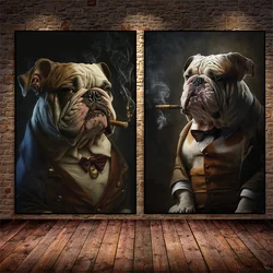 Vintage Retro Bulldog Smoking A Cigar with Horns Animal Art Poster Canvas Painting Wall Print Picture for Living Room Home Decor