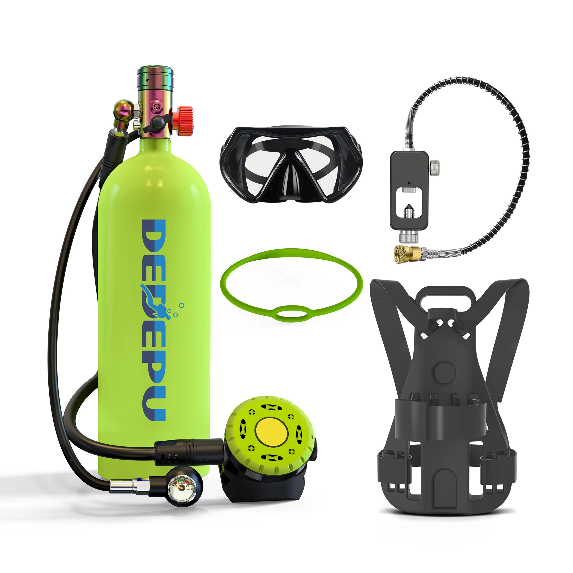 

DEDEPU 2.3L Mini Diving Oxygen Tank Kit with Backpack & Snorkel – Aluminum Material with Copper Valve