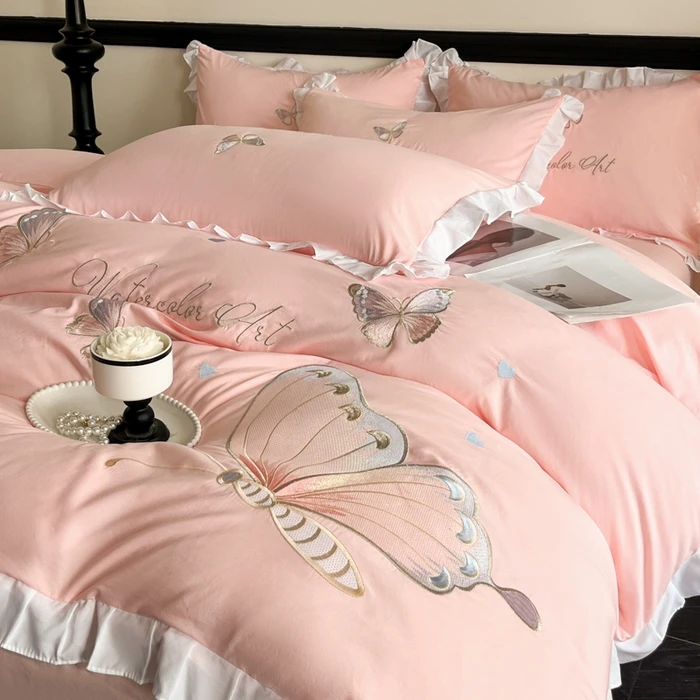 

Ins комплекты постельного белья в стиле принцессы с рюшами и кружевом с бантом, пододеяльник, романтическое постельное белье, декор для женщин и девочек, пододеяльник для спальни, 4 шт.