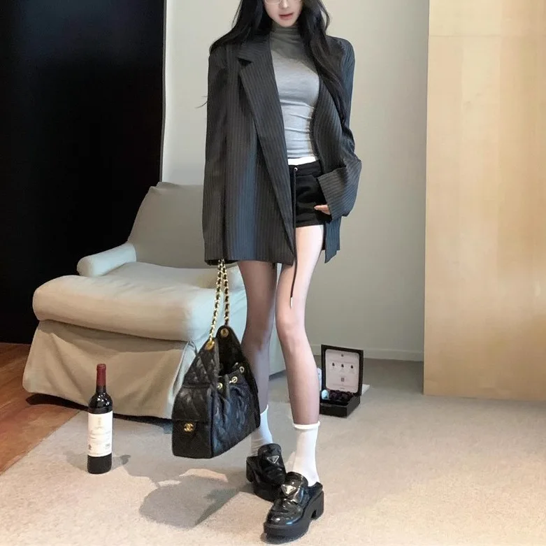 Korean striped high-end blazer women's autumn retro long-sleeved suit loose fashion temperament cardigan top