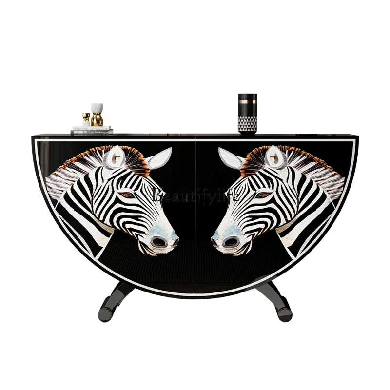 French Entry Lux Entrance Cabinet Modern Minimalist Living Room Meal Side Painted Zebra Pattern Art Locker