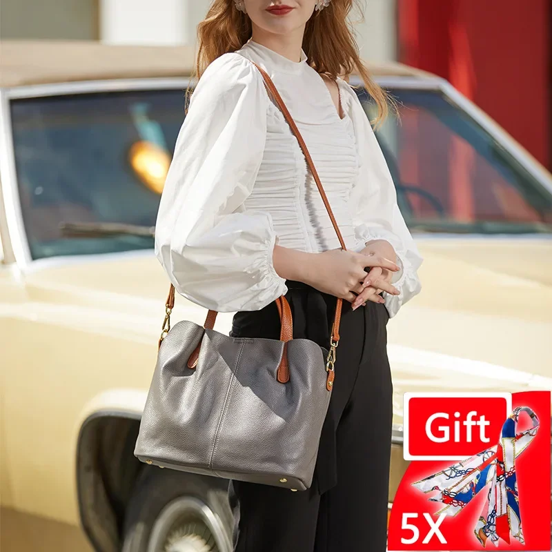 2024 Causal Genuine Leather Women Bag Large Tote Handbag Lichee Patchwork Shoulder Bag High Quality Female Hand Bag