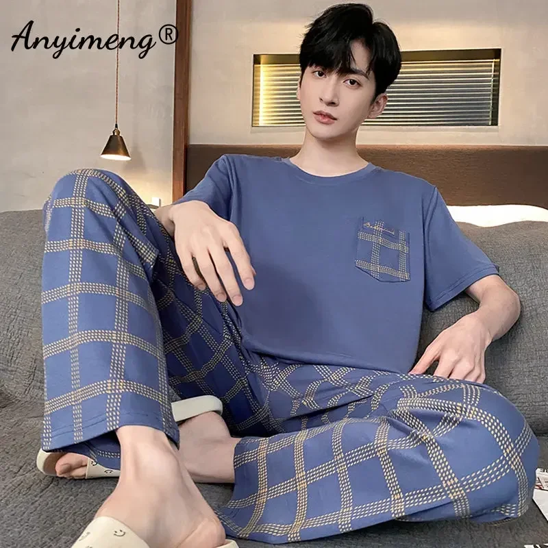 New Summer Knitted Cotton Pajamas Set for Men Fashion Man Short Sleeve Plaid Pants Sleepwear Plus Size 4XL Pijamas for Boy