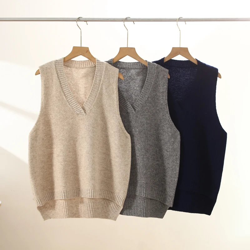 New Women 100% Merino Wool Knitwear Sleeveless Pullover Waistcoat Autumn Winter Casual Loose Sweater V-Neck Grace Soft  Tops