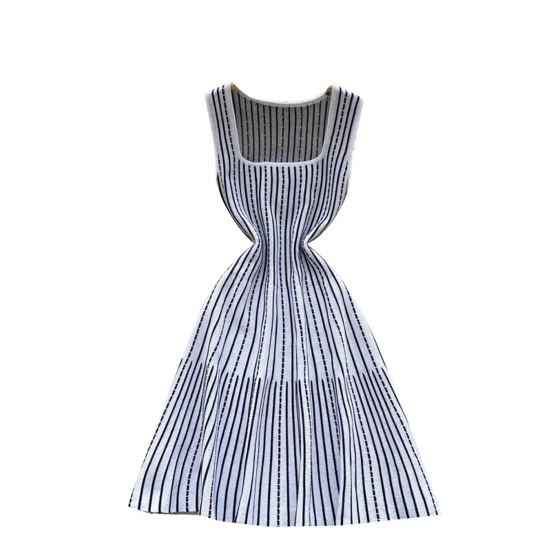 INS damska dopasowana letnia sukienka midi w paski z dzianiny, codzienna sukienka na imprezę w kształcie litery A, sukienka na ramiączkach, elegancka sukienka na imprezę z kwadratowym dekoltem, vestido de festa 2025
