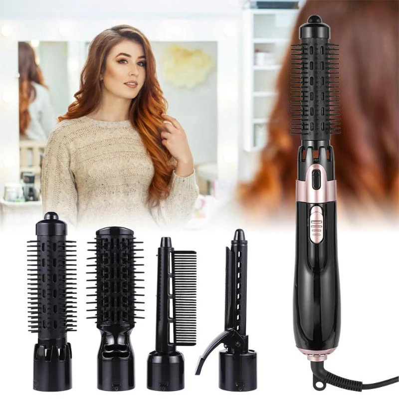 Hot Air Brush 4 In 1 Multifunctional Hair Styling Tool Negative Ion Electric Straight-Roll Hair Dryer Rotating Hot Air Brush