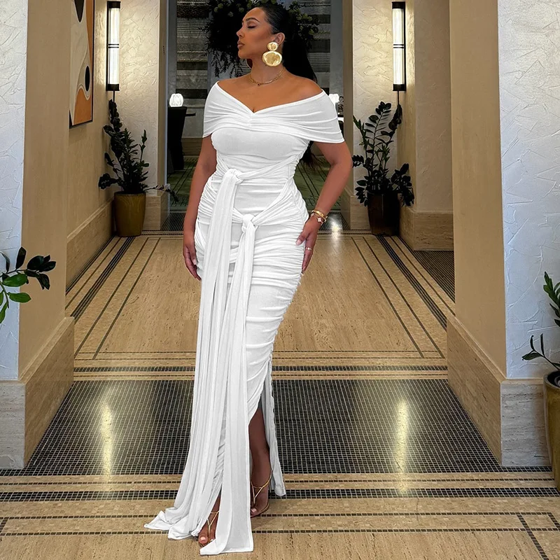 

White Ruffles Prom Dress With Stripe Sexy Off Shoulder Short Sleeves Long Party Bridal Gown Formal Guest Wedding Birthday Robe