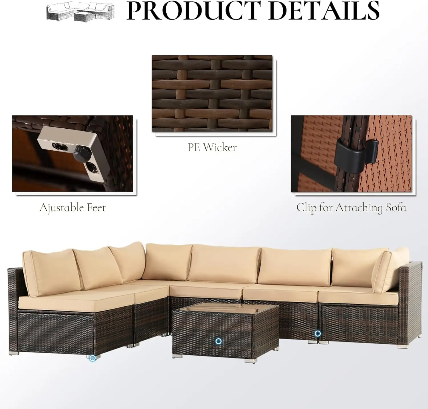 Furniture Set, Wicker Sectional Sofa Set with Padded Cushion, All Weather Outdoor Conversation Set for Balcony Backyard