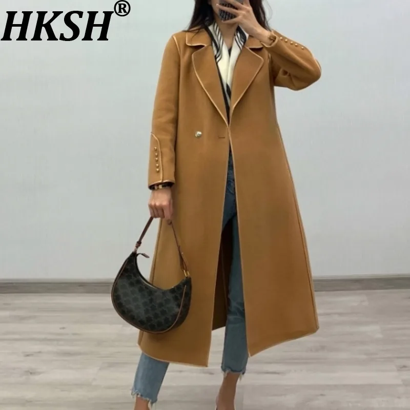 

HKSH Autumn Winter New Women Double-Sided Wool OverCoat Turn-down Collar Long Sleeve Belt Elegant Ins Office Lady Jacket HK13171