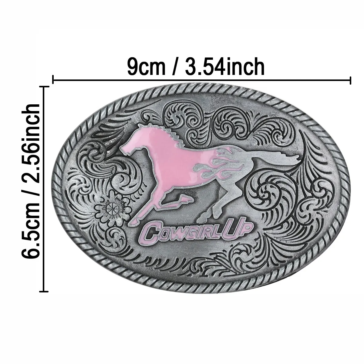Vintage Oval Western Belt Buckle Pink Running Horse Cowgirl Up Letter Engraved Floral Rodeo Country Waist Belt Accessories