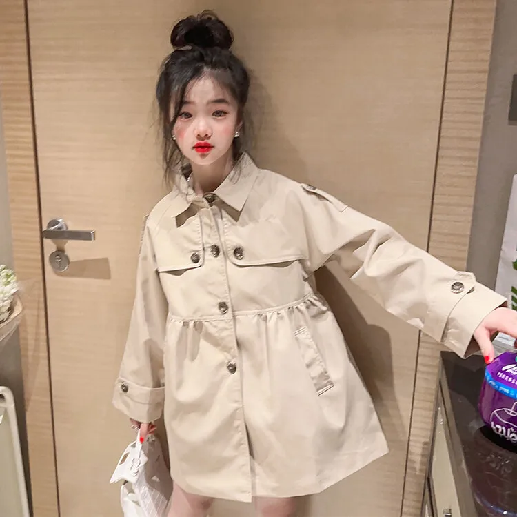 New Fashion Spring Autumn Children Trench Coat for Girl Long Style Khaki Color Overcoat Teenage Kids Cotton Jacket Outfit 5-14Y