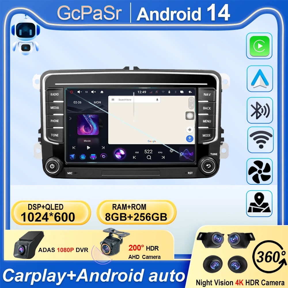 

Car Radio Carplay For VW Volkswagen Skoda Octavia Golf 5 6 Touran Passat B6 Polo Jetta CarPlay Auto Navigation Android 14 Stereo