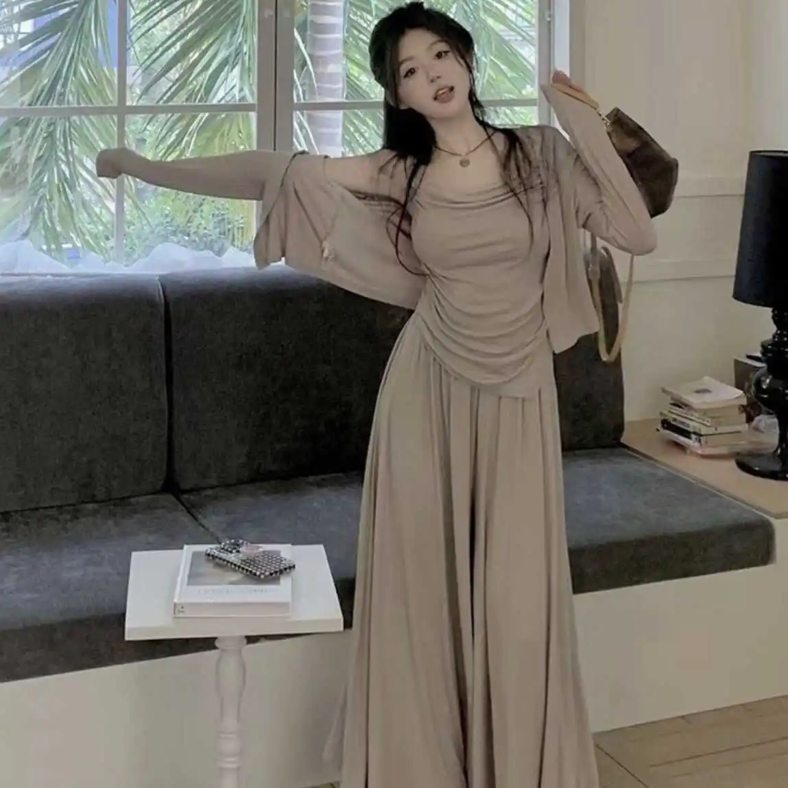 Elegant High Waist Women's Three-Piece Set Summer New Style Long Sleeve Sunscreen Cardigan Top And Casual Skirt Pants