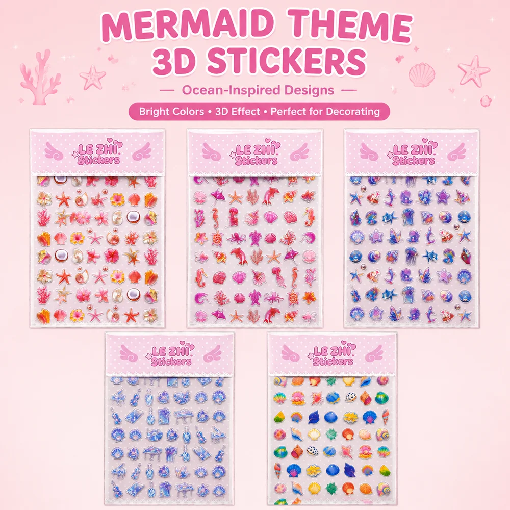 Cute 3D Ocean Theme Stickers Shell Starfish Mermaid Style Decorative Stickers DIY Crafts Notebook Phone Laptop Decoration