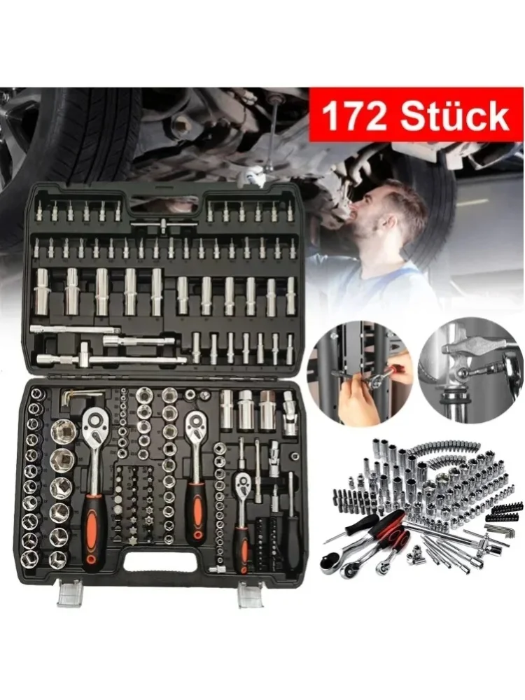 172-teiliges Ratschen-Nockenschlüssel-Set, aus geschmiedetem Kohlenstoffstahl, 1/4, 3/8, 1/2 Zoll Antrieb, Handwerkzeug-Set, hochtemperaturgehärtet, rutschfester ergonomischer TPR-Griff, robuster