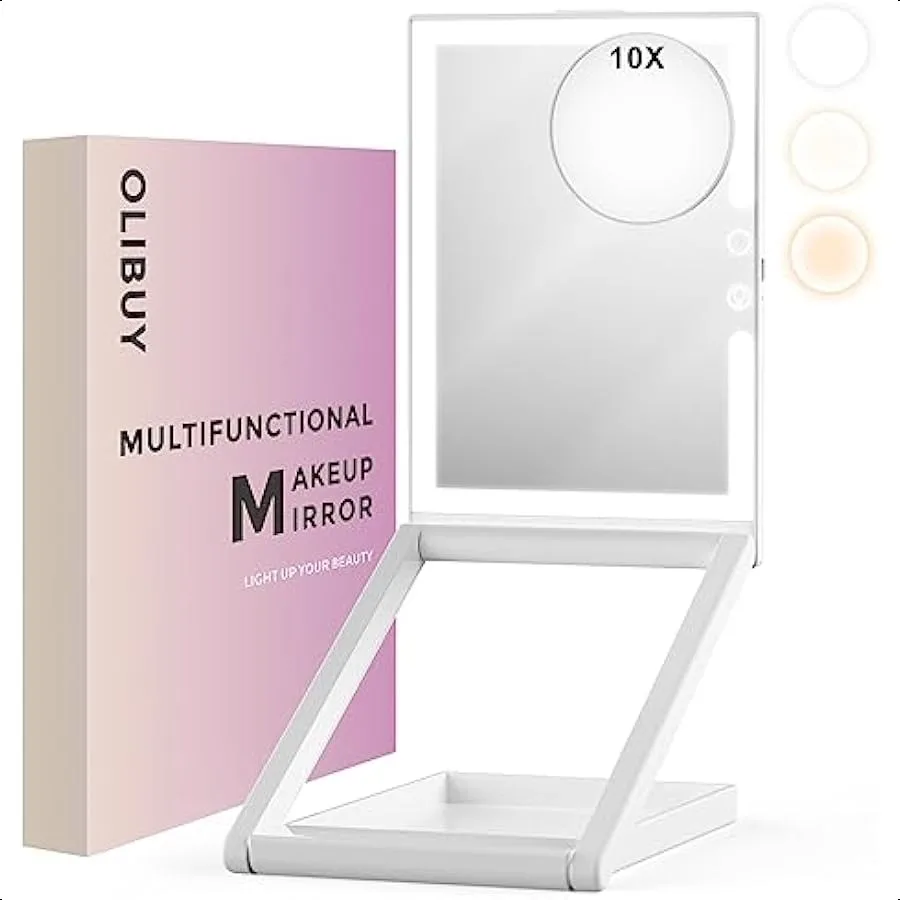 

Makeup Mirror with Lights 7.5" L x 5.7" W Portable Travel Mirror with 10X Magnifying Mirror 3 Color Lighting Rechargeable Light