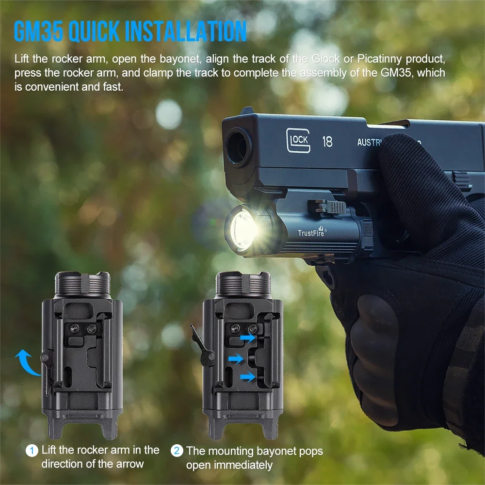 GM35 Tactical LED Flashlights Weapon Mini Pistol Lights 1350Lumens USB Rechargeable Quick Release Handgun 1913/GL Rail