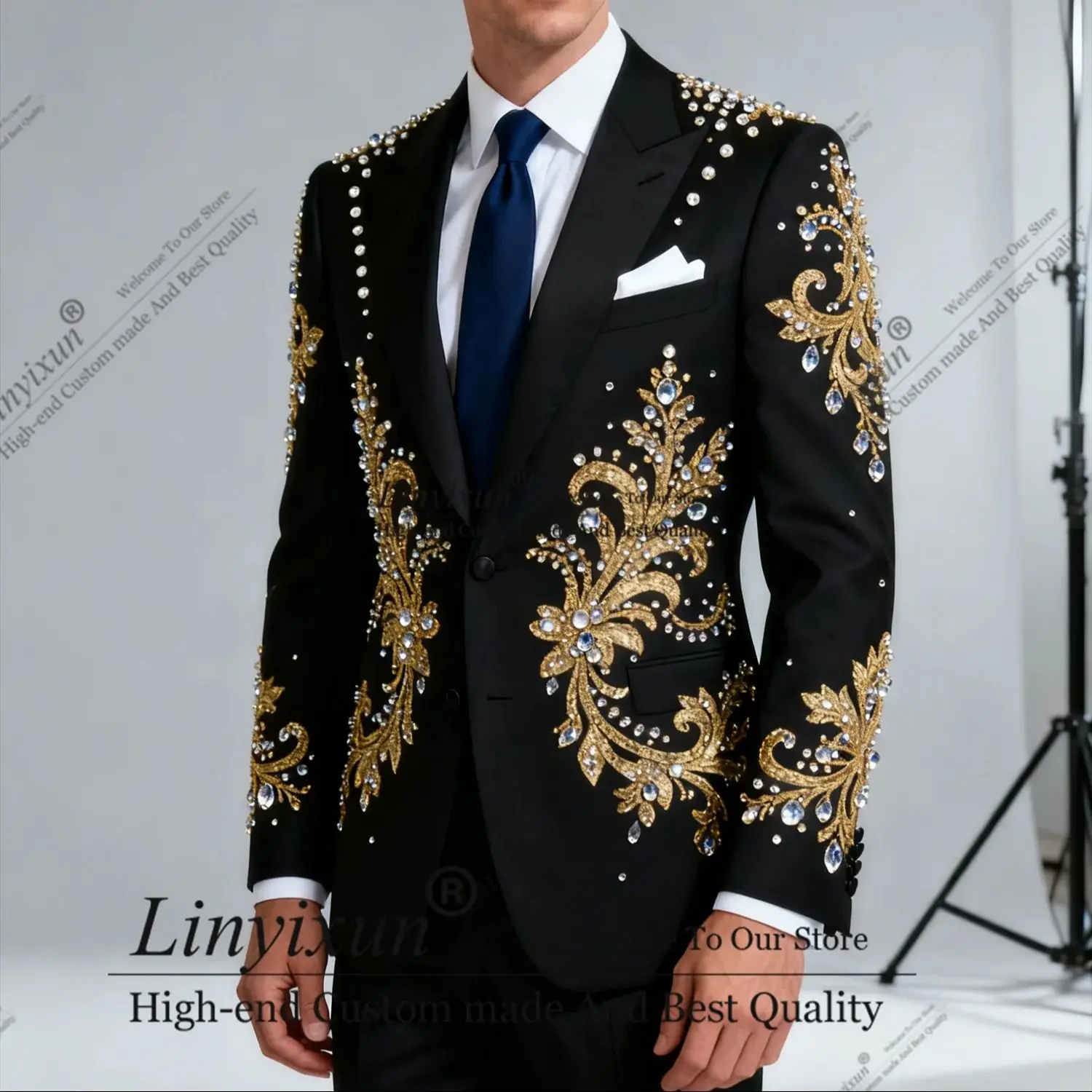 

High End Embroider Beadeds Men Suits 2 Pieces Sets Party Prom Blazer Customized Slim Fit Costume Homme Shawl Lapel Groom Tuxedos