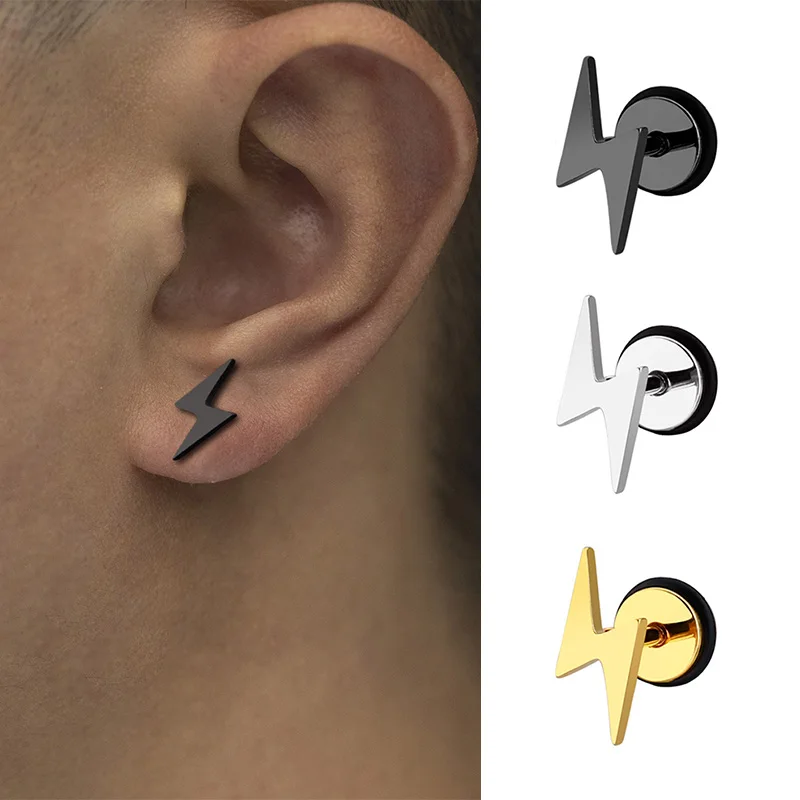 Hip Hop Titanium Lightning Stud Earrings For Men Stainless Steel Round Cake Black Earrings Screw Piercing Street Jewelry Gifts