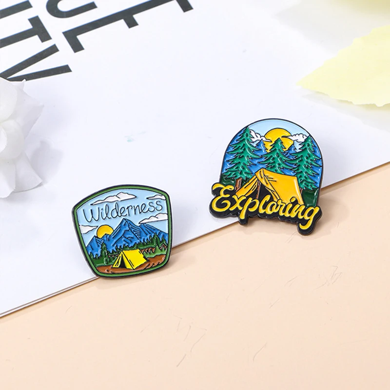 الطبيعة استكشاف المينا دبابيس الإبداعية في الهواء الطلق التخييم التلبيب شارات البرية النار الجبال نهر بروش مجوهرات هدايا