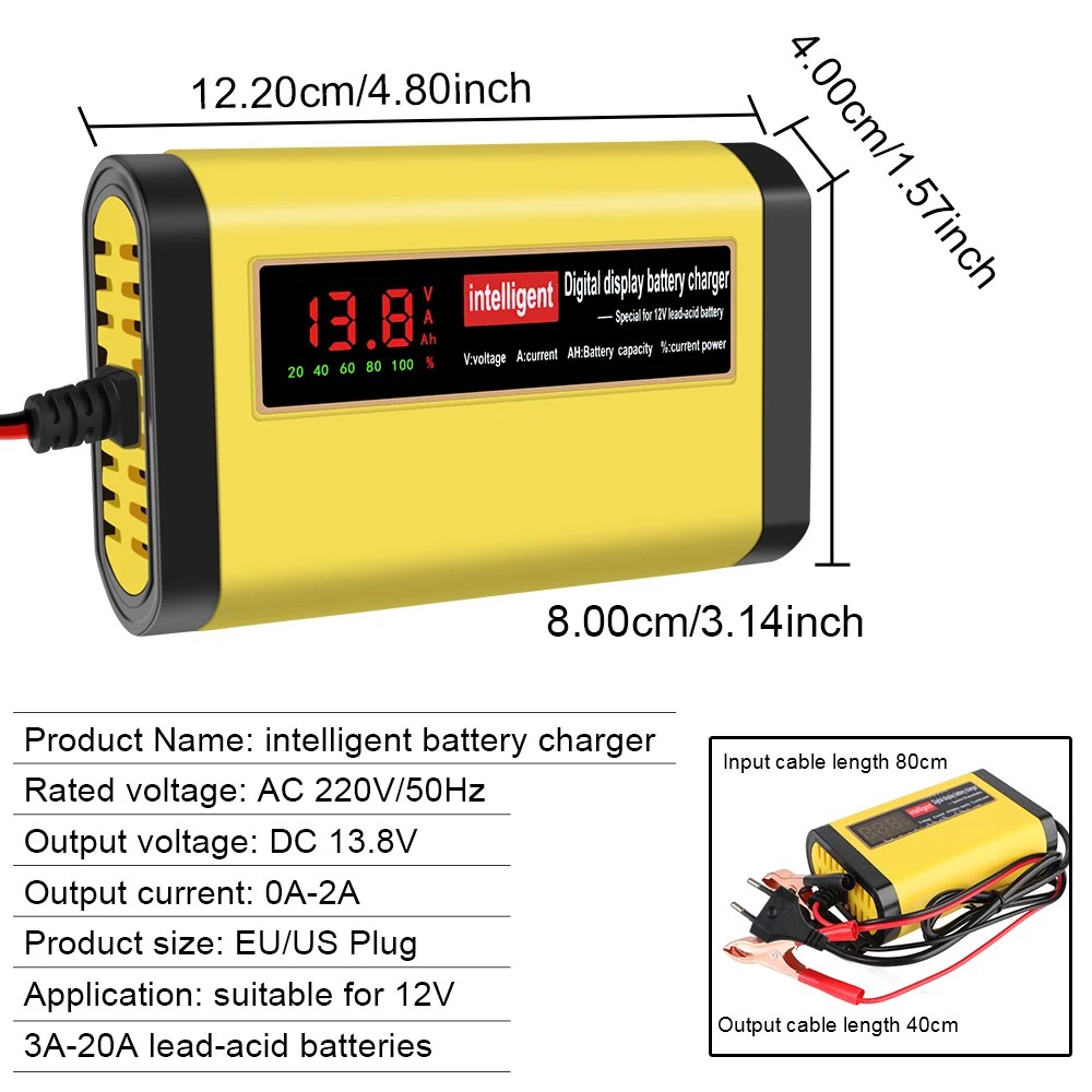 Full Automatic Car Battery Charger 12V 2A Intelligent Fast Power Charging 3 Stages Lead Acid AGM GEL Battery-chargers US EU Plug