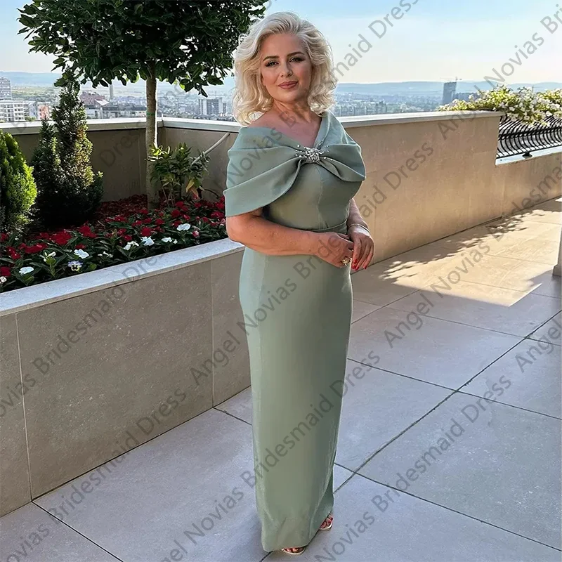 

Long Mint Arabic Mother of Bride Dresses Bow Off Shoulder Wedding Guest Gowns for Women Crystal Belt Formal Evening Dress