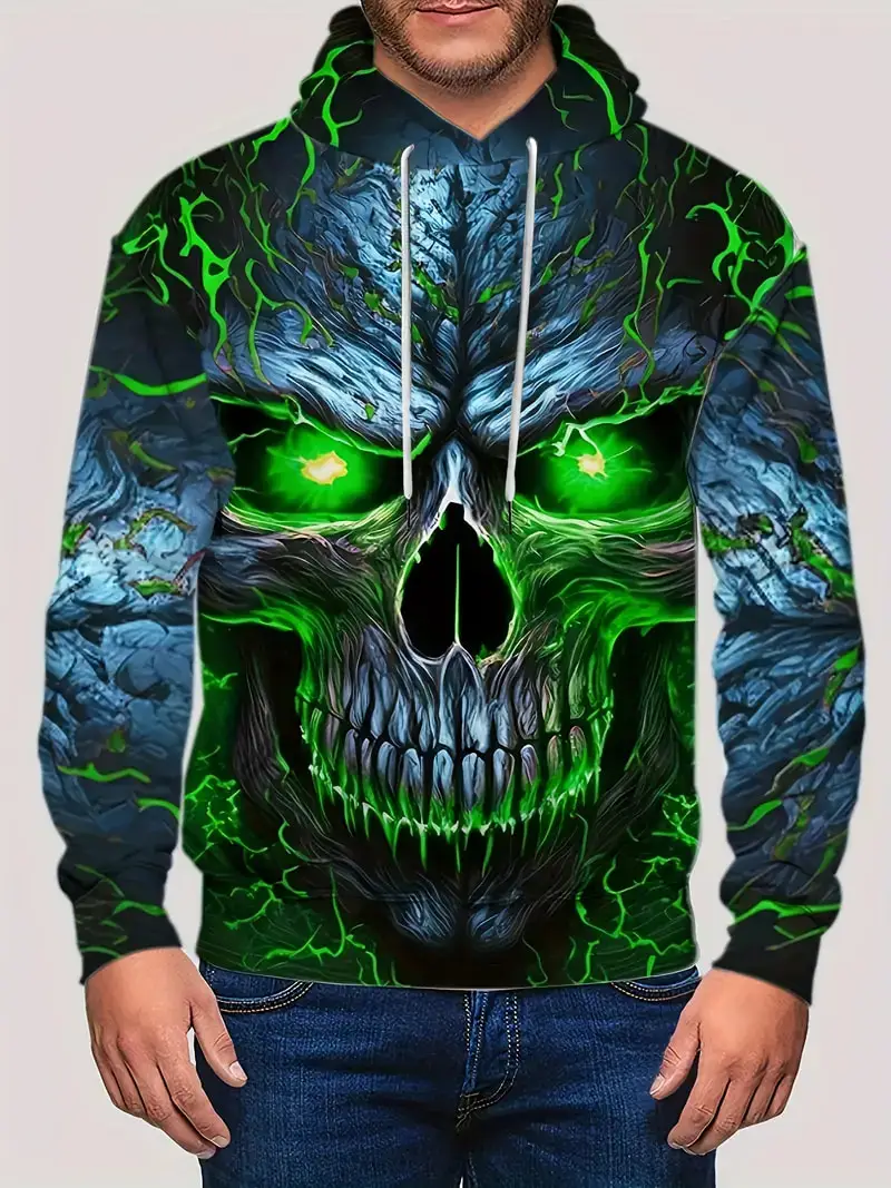 

Plus Size Men 3D Horror Evil Skull Print Hoodie Pullover Kid Hooded Sweatshirt With Kangaroo Pocket Streetwear For Summer Autumn