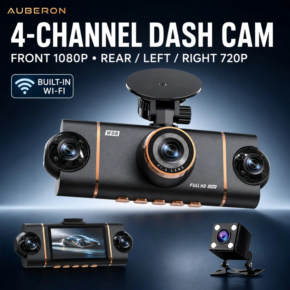 4‑Channel Dash Cam Front 1080P Rear Left Right 720P WiFi WDR Car DVR G‑Sensor Loop Recording Parking Monitor  Driving Recorder
