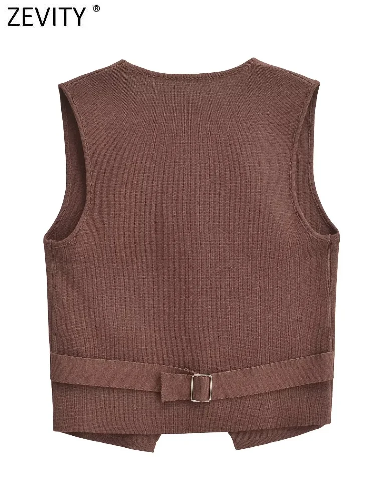 Zevity Women Fashion V Neck Back Straps Knitting Short Blouse Female Basic Vest Shirts Blusas Chic Waistcoat Crop Tops LS6305