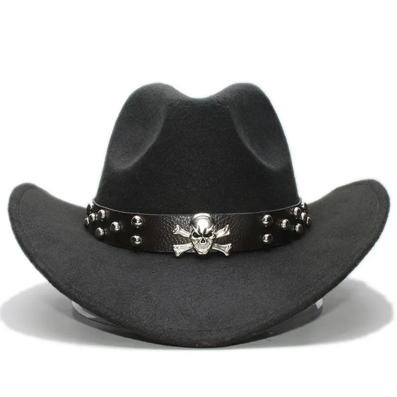 Vintage Retro Women Men Wool Wide Brim Cowboy Western Cowgirl Bowler Hat Fedora Cap Skull Leather Band Band (54/57/61CM)