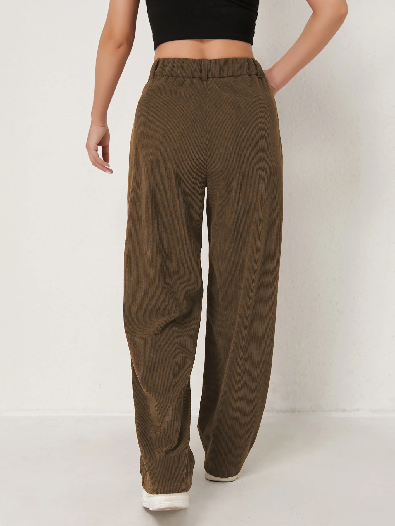 Neue Herbst- und Winter-Freizeitanzüge für Damen in Unifarben aus Cord mit weitem Bein und geraden, samtartigen Hosen, die schlank aussehen – Detail 3