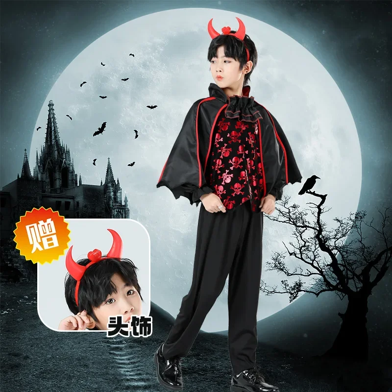 Mädchen Gothic Vampir-Königin Rot-Schwarzes Spitzen-Tüllkleid Teufelshörner Handschuhe Halloween Karneval Kinder Cosplay Party Outfit – Detail 8