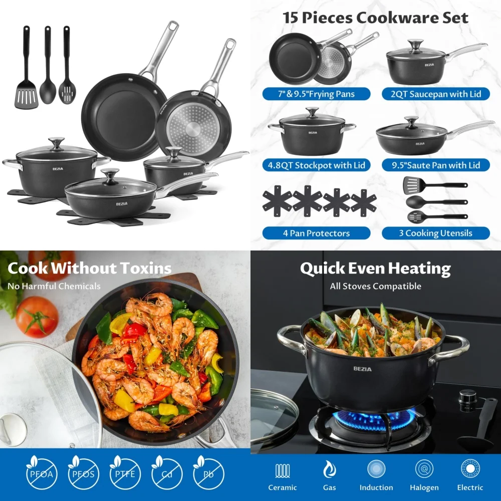 

Cookware Sets15 Piece Non Stick Induction Cookware Set with Ceramic Coating Pots and Pans for Healthy Cooking