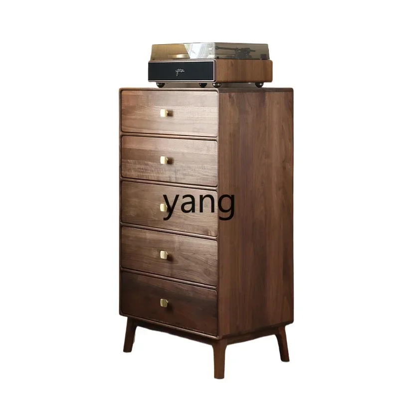 

Yjq Black Walnut Wooden Chests of Drawers Light Luxury Bedroom Solid Wood Nordic Drawer Living Room TV Side Cabinet