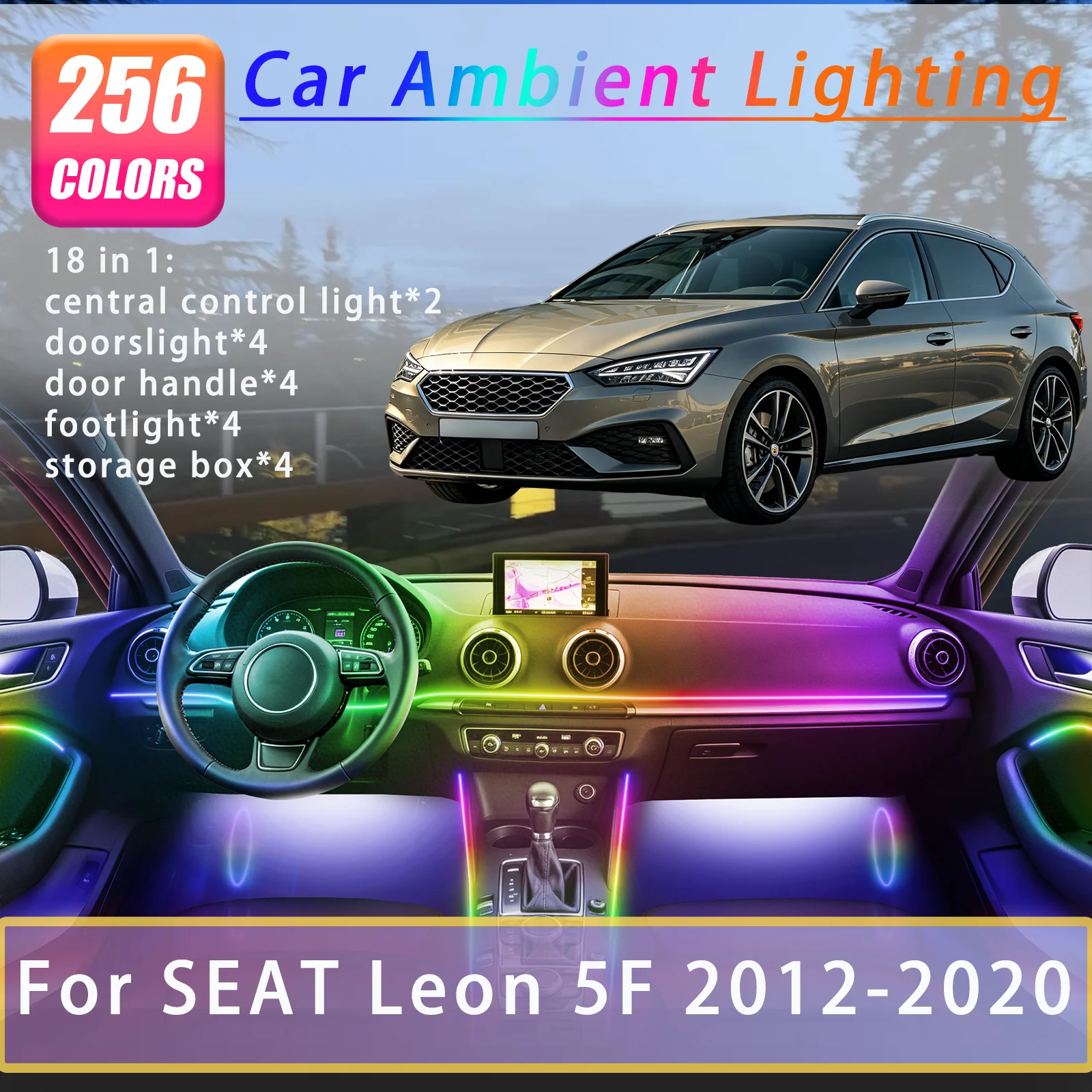 For SEAT Leon 5F 2012-2020 Years Car Interior Ambient Lights Strips Breathing Lighting Kit App Control Auto Decorative