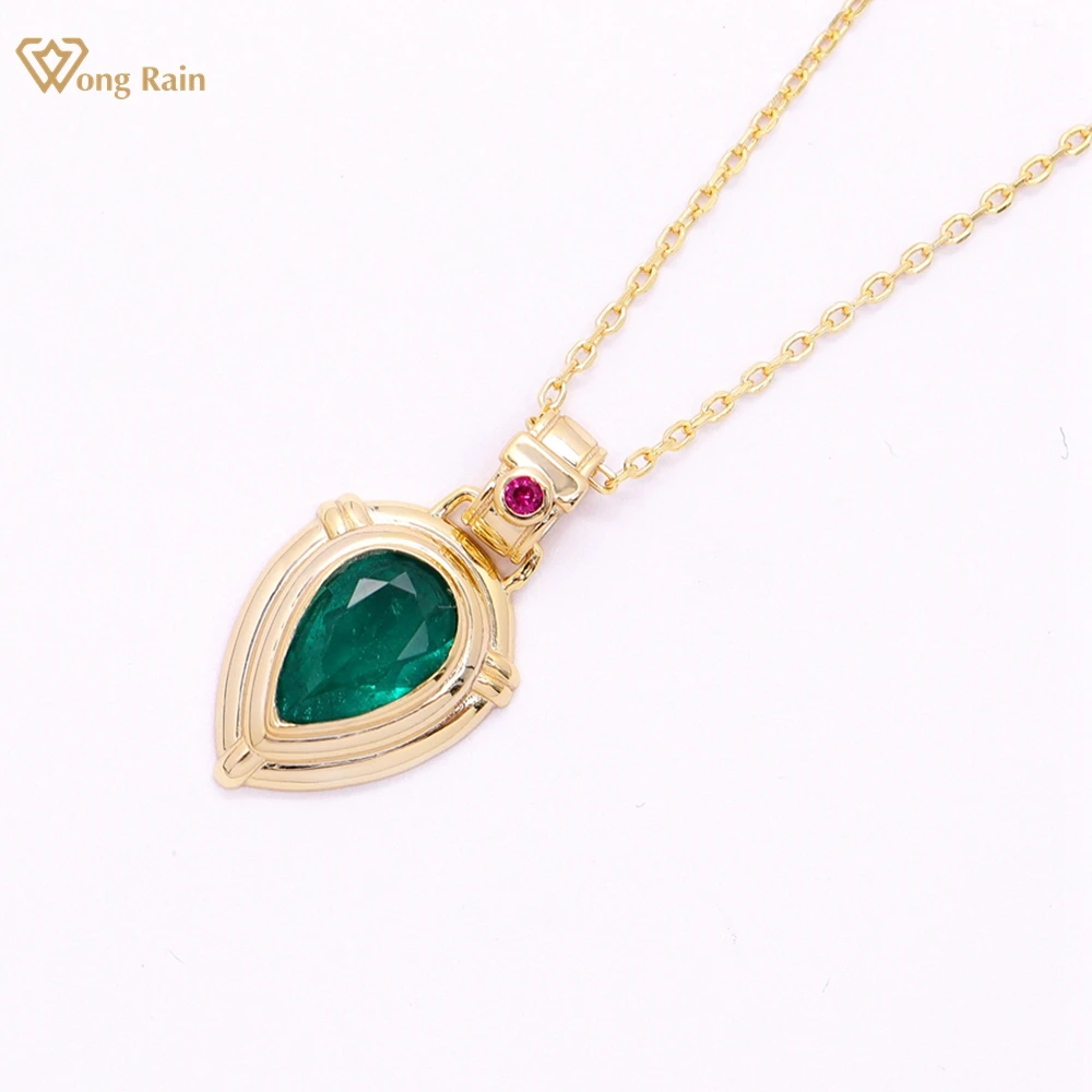 

Wong Rain 18K Gold Plated 925 Sterling Silver 7*11 MM Pear Emerald Gemstone Vintage Pendant Necklace Jewelry Anniversary Gifts