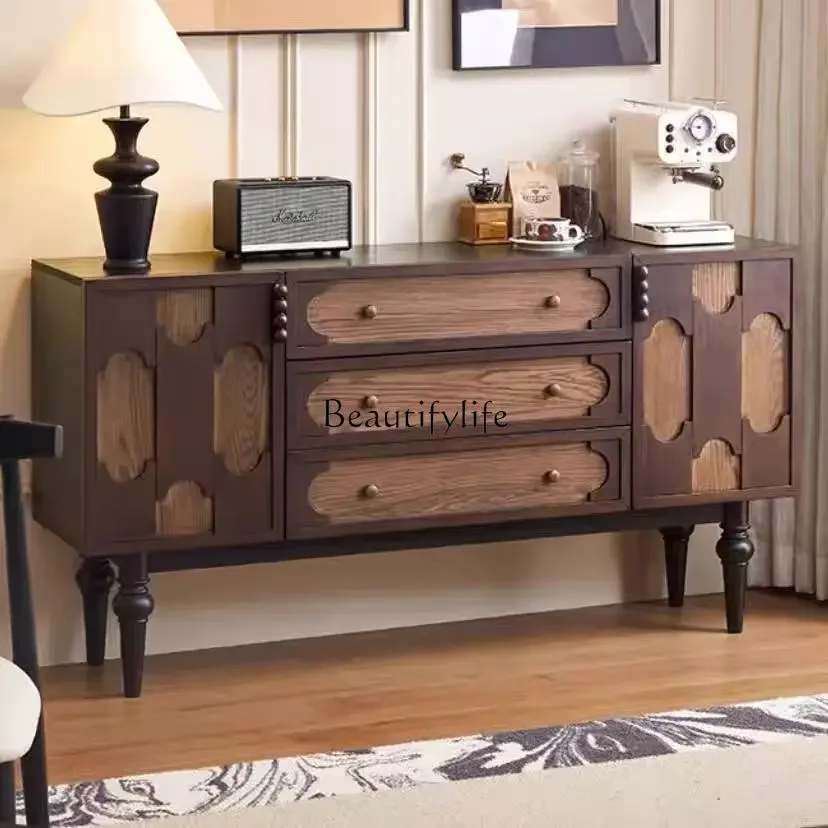 

LJY*French retro solid wood dining side cabinet American living room integrated with wall medieval storage locker