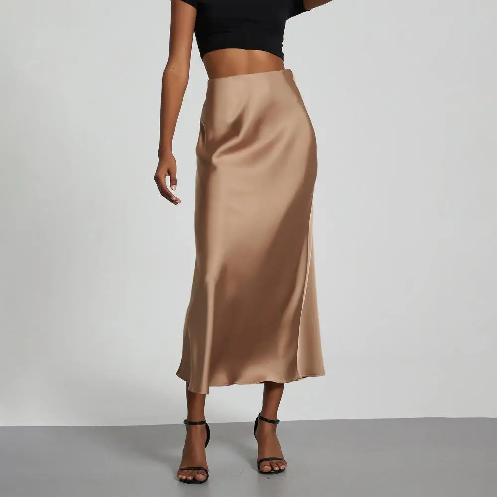 New In 2025 Spring Summer Solid Color Satin Long Skirt For Women High Waist Fashion Elegant Skirt