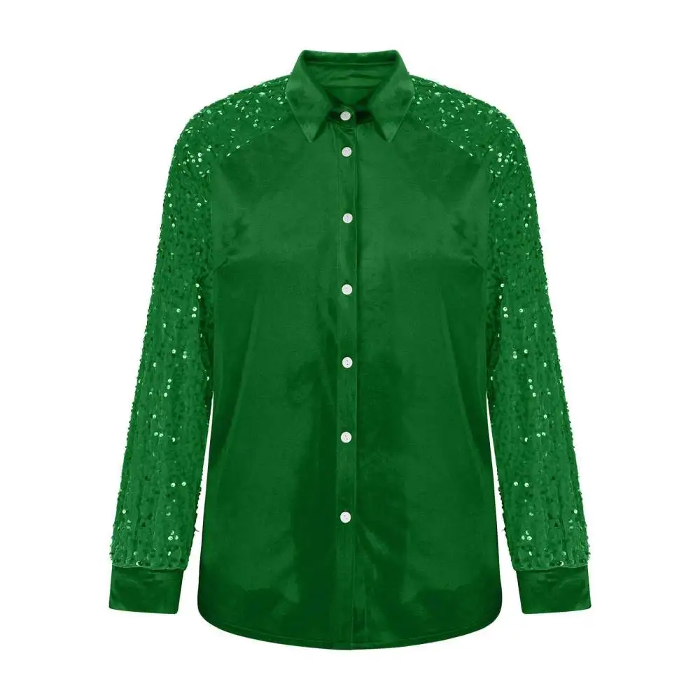 Loose Velvet Blouse Women Sequined Long Sleeve Shirt Casual V Neck Elegant Top Streetwear Autumn Winter Fashion Ladies Shirts