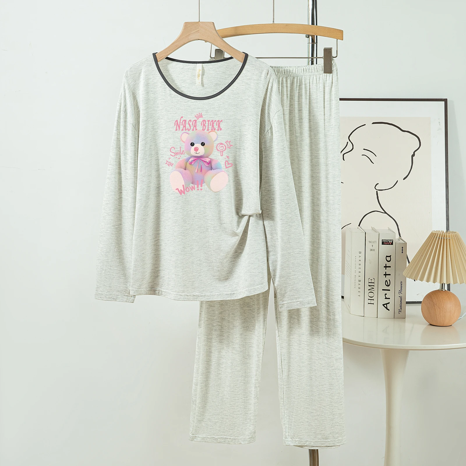 

5181-301 Повседневные и удобные пижамы из модального хлопка для женщин, новые весенне-осенние длинные брюки с длинными рукавами, однотонные повседневные