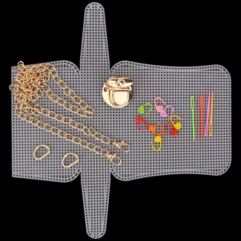 1Set Plastic Mesh Cloth DIY Handcraft Bags Weaving Material Sheet Bag Grid Hook Metal Chain Buckle Knitting Crochet Accessories