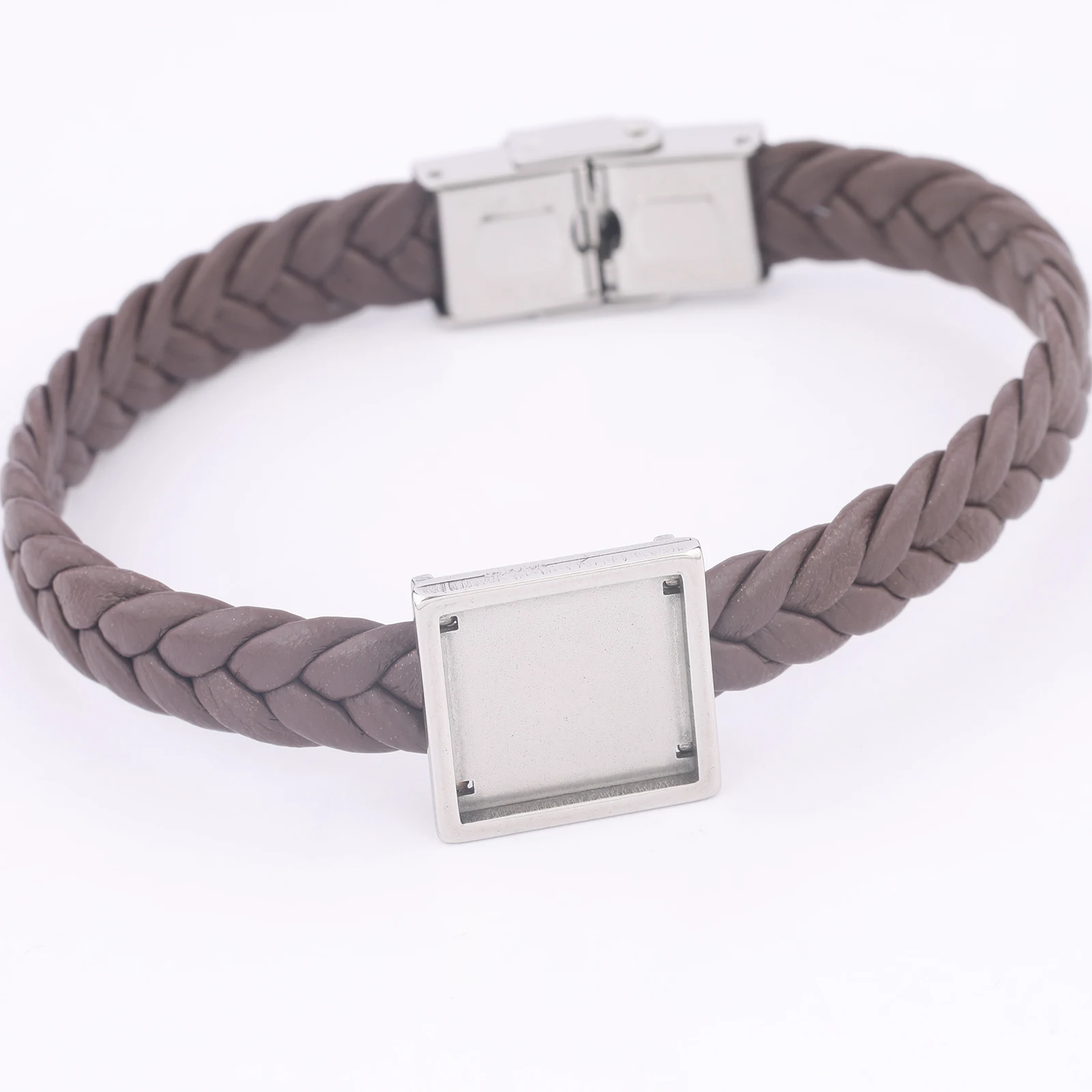 2 قطعة الفولاذ المقاوم للصدأ صالح 15 مللي متر مربع المنزلق كابوشون سوار قاعدة الفراغات Diy بها بنفسك الأسود براون الجلود الحبل أساور إعدادات الحافة