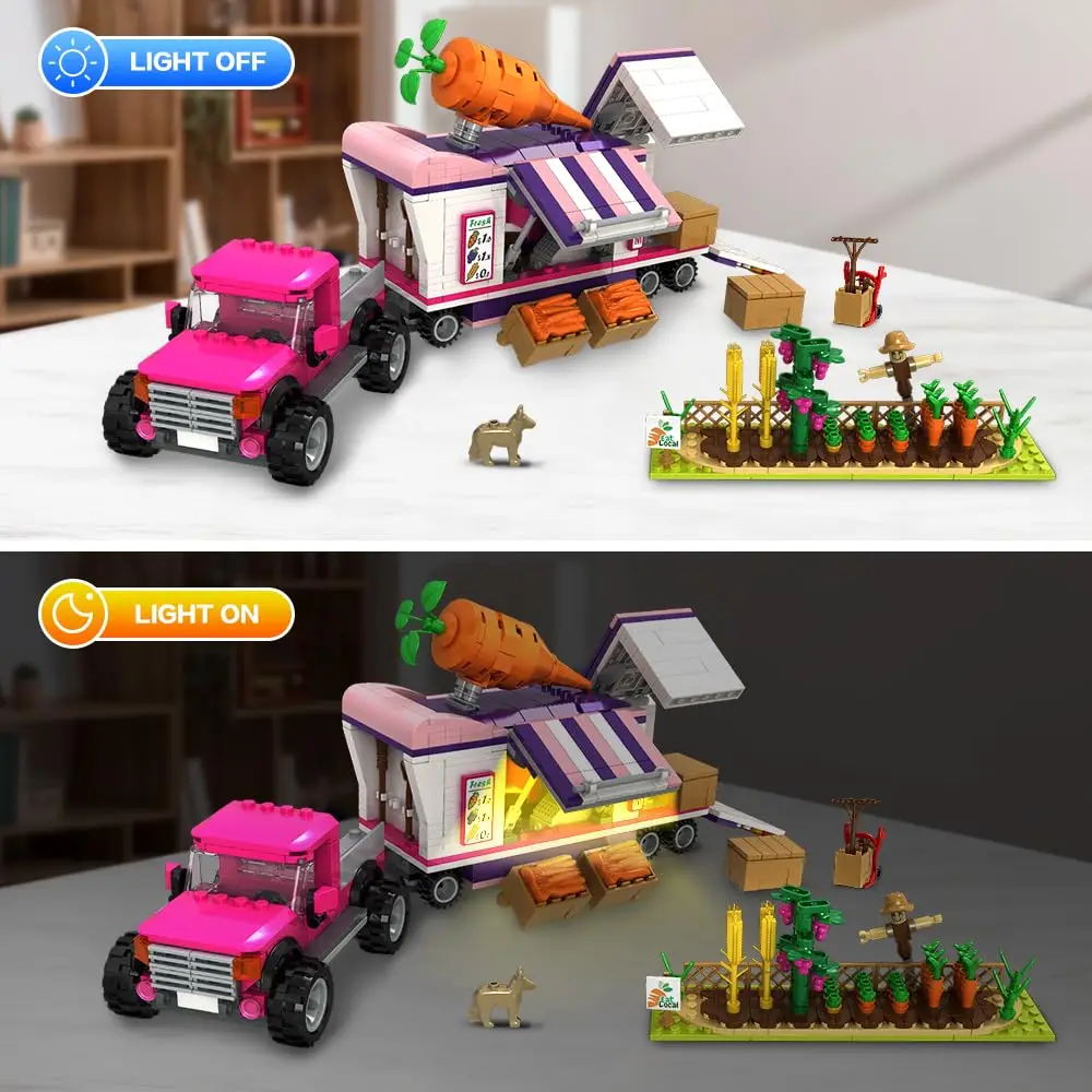 HOGOKIDS-juguetes de construcción de granja 3 en 1, camión de tren de mercado con LED, agrícola, con pegatinas, regalo de cumpleaños para niñas y niños, Age6 +