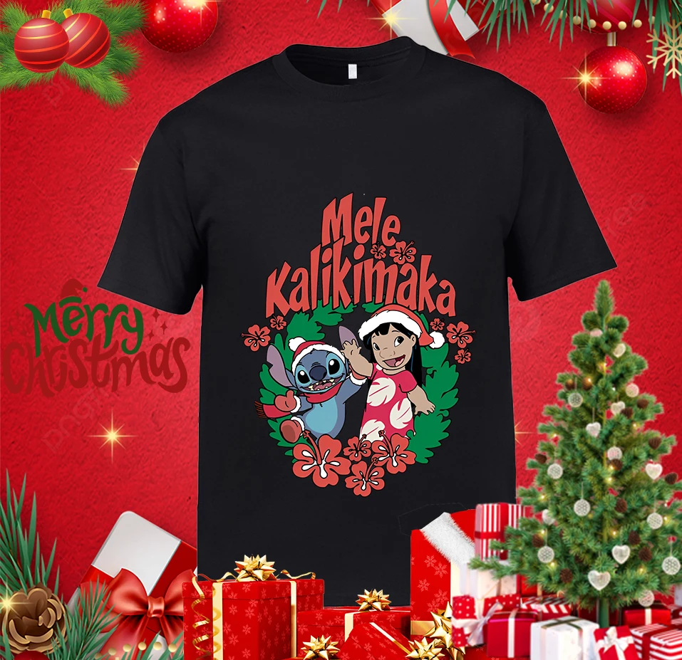 Girl's Lilo & Stitch Mele Kalikimaka Christmas Print Men's T-shirt Cotton Short Sleeve Casual Top