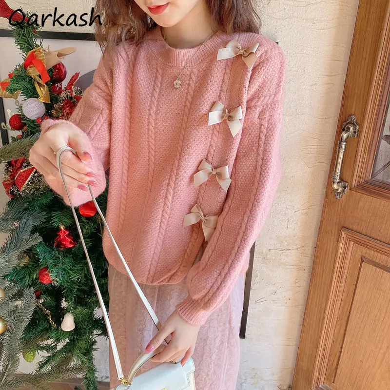 Pullovers Women S-3XL Bow Design Sweet Spring 4 Colors Split Chic Sweaters Cozy Colleges Cute Korean Style Gentle Mujer Simple