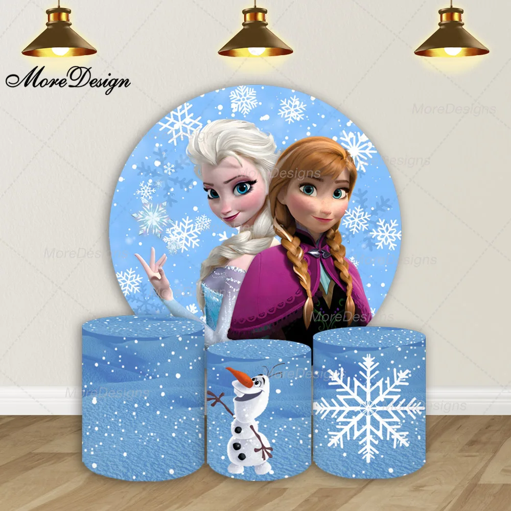 Disney Princess Elsa Anna Photo Backdrop Birthday Party Baby Shower Round and Cylinder Covers Fabric Photography Background