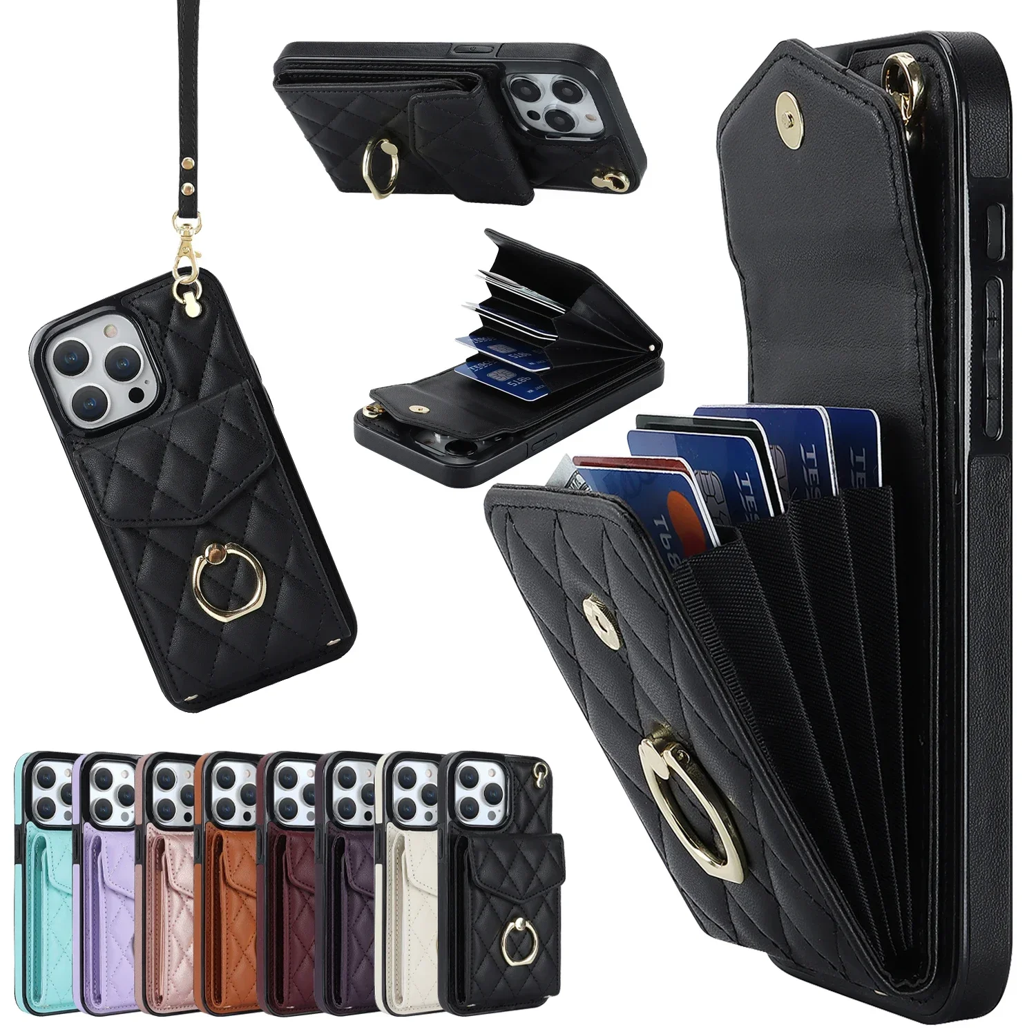 

Crossbody Wrist Strap Leather Phone Case for IPhone 13 12 Mini 15 14 11 Pro XS Max XR X 7 8 Plus Wallet with Card Holder Cover