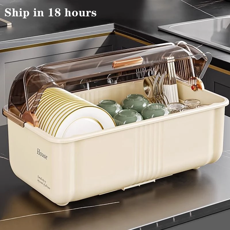 Nordic Desktop Cup Storage Rack Dish Bowl Drying Drainer Dustproof Cup Holder Tableware Storage Box with Lid Kitchen Accessories