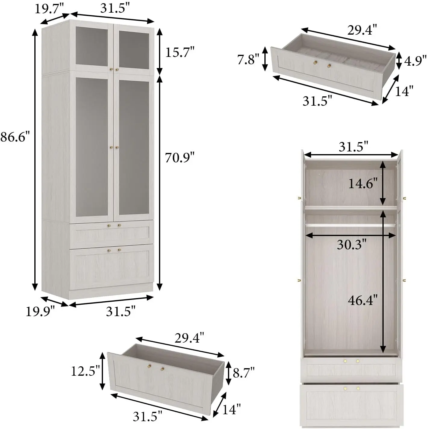 Double door wardrobe with hangers and 2 drawers, frosted glass door, depth 19.9 inches x width 31.5 inches x height 86.6 inches