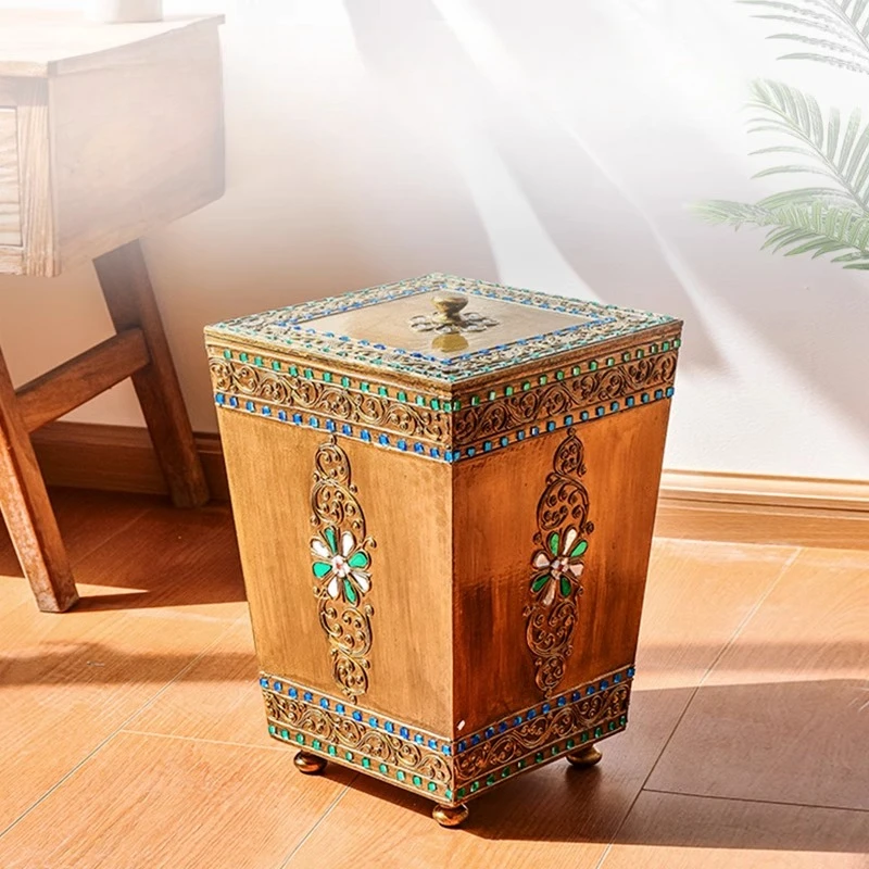 

Мусорное ведро в стиле Юго-Восточной Азии для гостиной, с покрытием из цельного дерева, большой мусорный бак для спальни, кухни, ресторана, корзина для мусорной бумаги FYWB